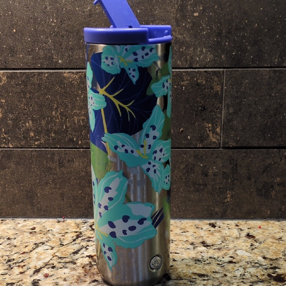 Starbucks Floral Stainless Steel Tumbler with Blue and Green Design